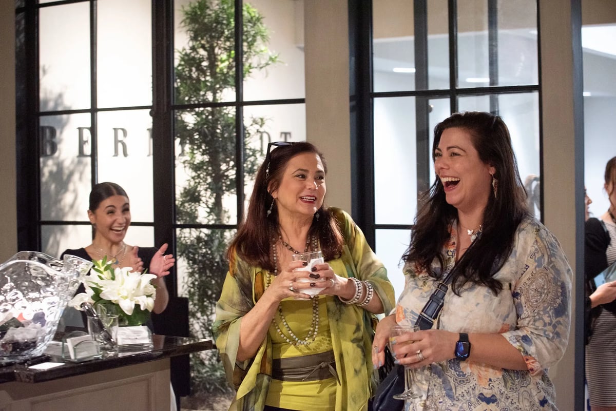 New York City designer Kimberly Seeherman Brown (right) of Hudson and Nine and her mother, Judith  Seeherman, who won the setting of Bernhardt Exteriors furniture.