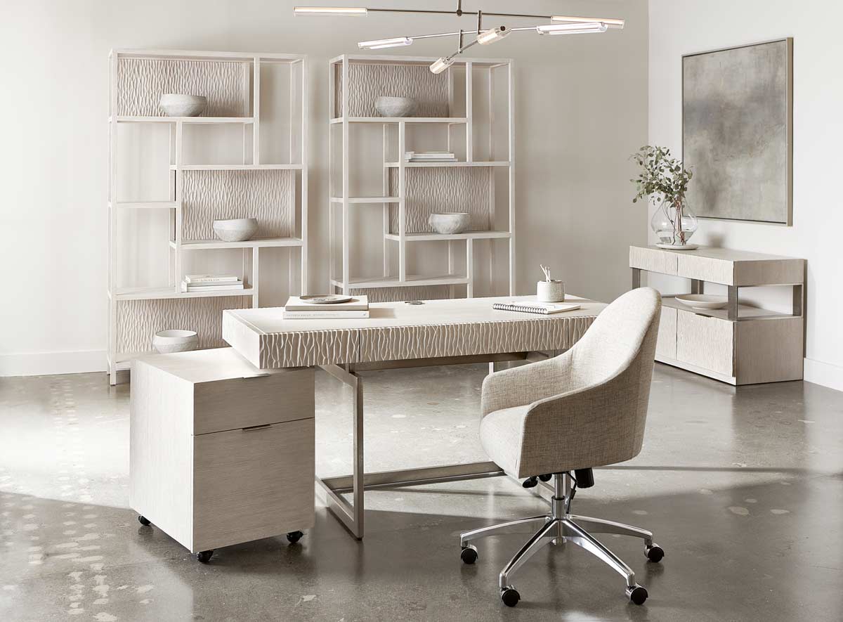 Alesio Desk D15514, Alesio Filing Cabinet D15504, Alesio File Credenza D15914 and Solaria Etageres 310814.