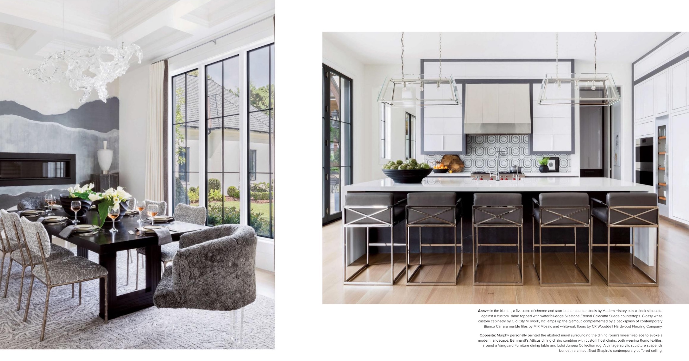 Bernhardt's Dekker Fabric Chair, Atticus Fabric Side Chair, Rayleigh Fabric Canopy Bed King featured in Luxe Interiors + Design Southeast May and June 2021.