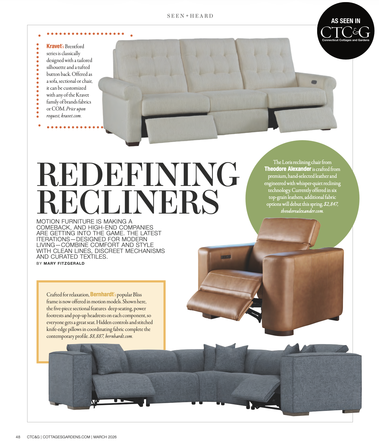 Bernhardt Living Bliss Power Motion Sectional&nbsp;featured in Connecticut Cottages & Gardens March 2026 issue.