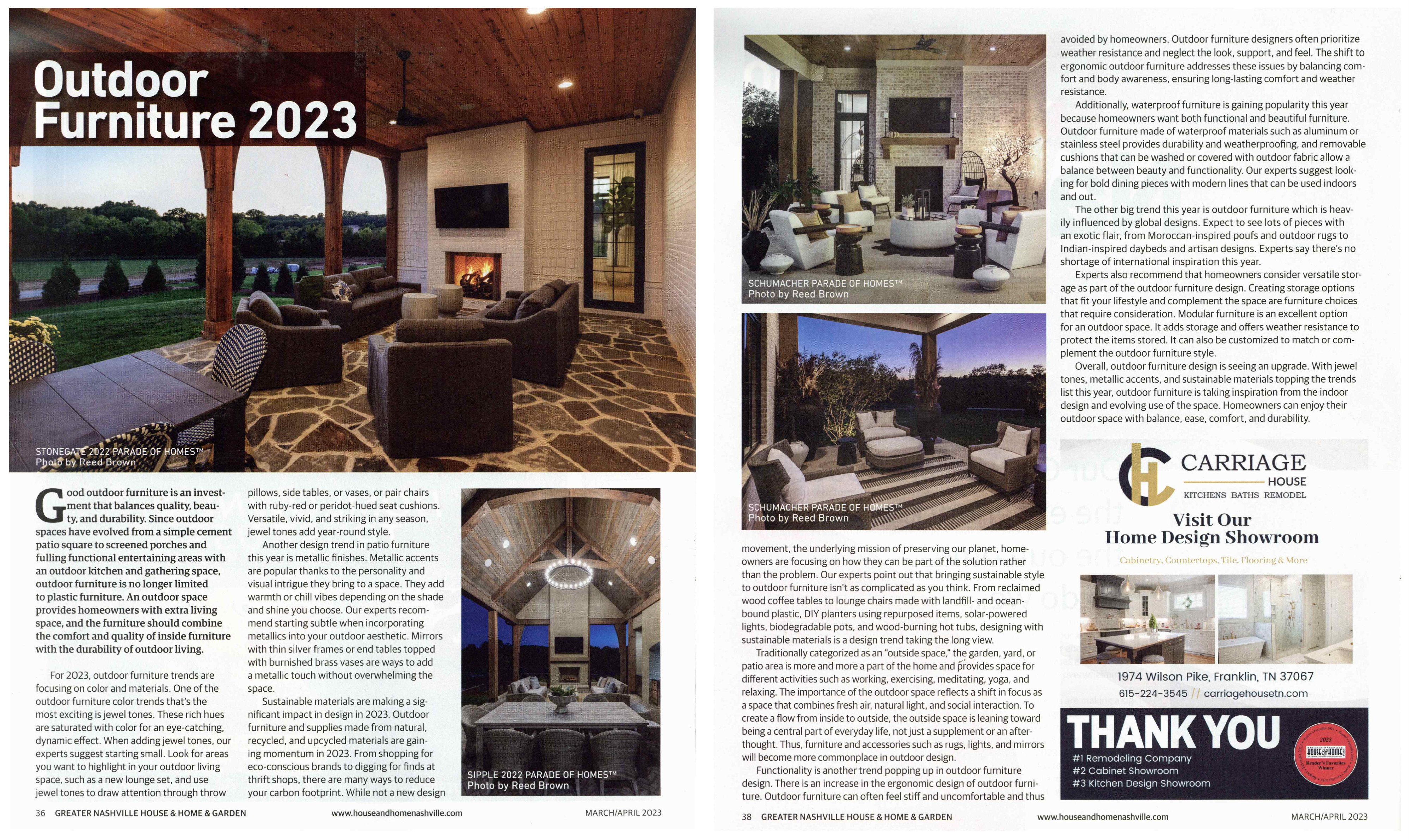 Bernhardt Exteriors products featured in Greater Nashville House & Home March/April 2023 issue.