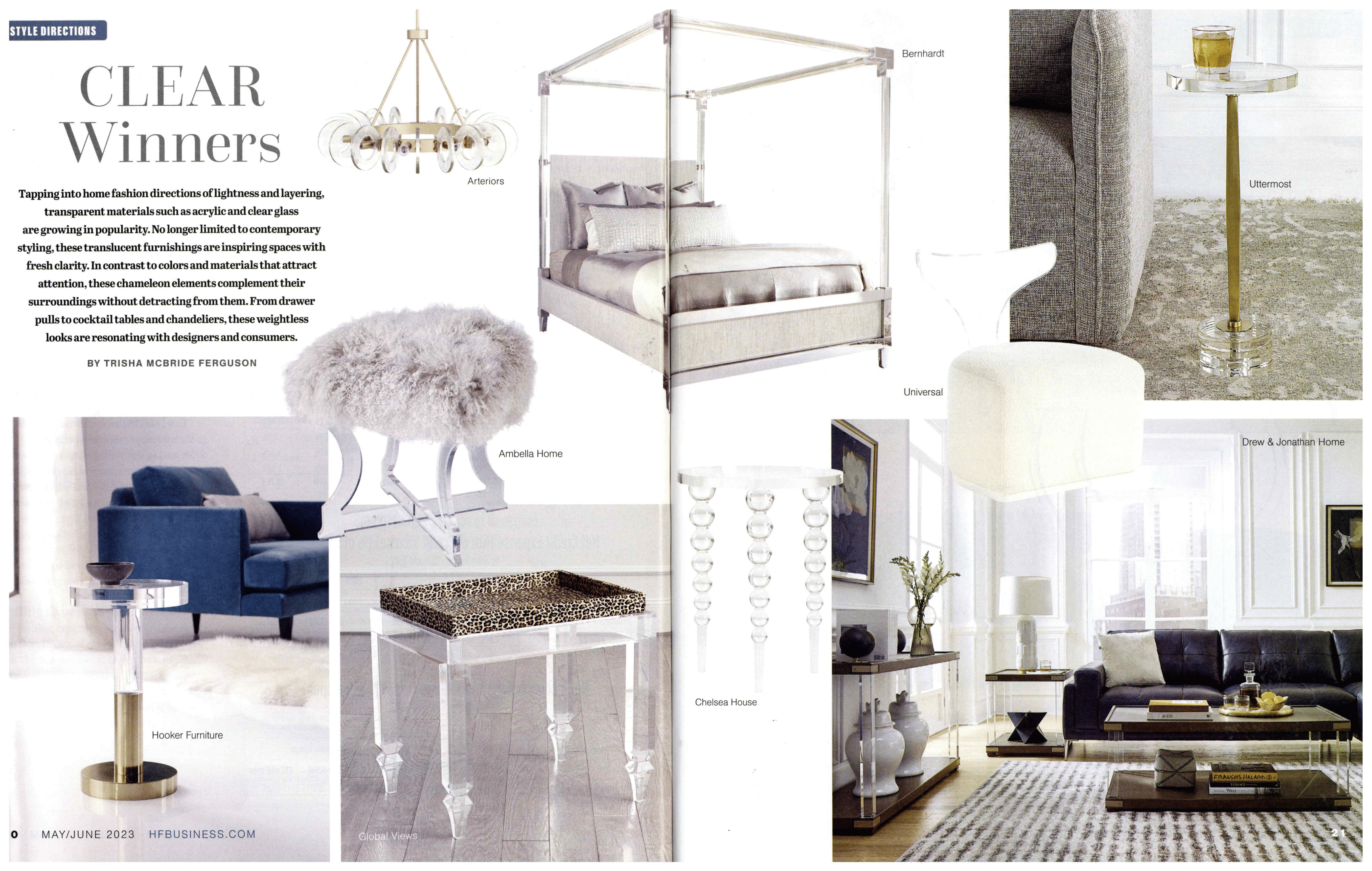 Bernhardt Interior's Rayleigh Canopy Bed and Angelina Swivel Chair were featured in Home Furnishings Business - May/Jun 2023 issue.