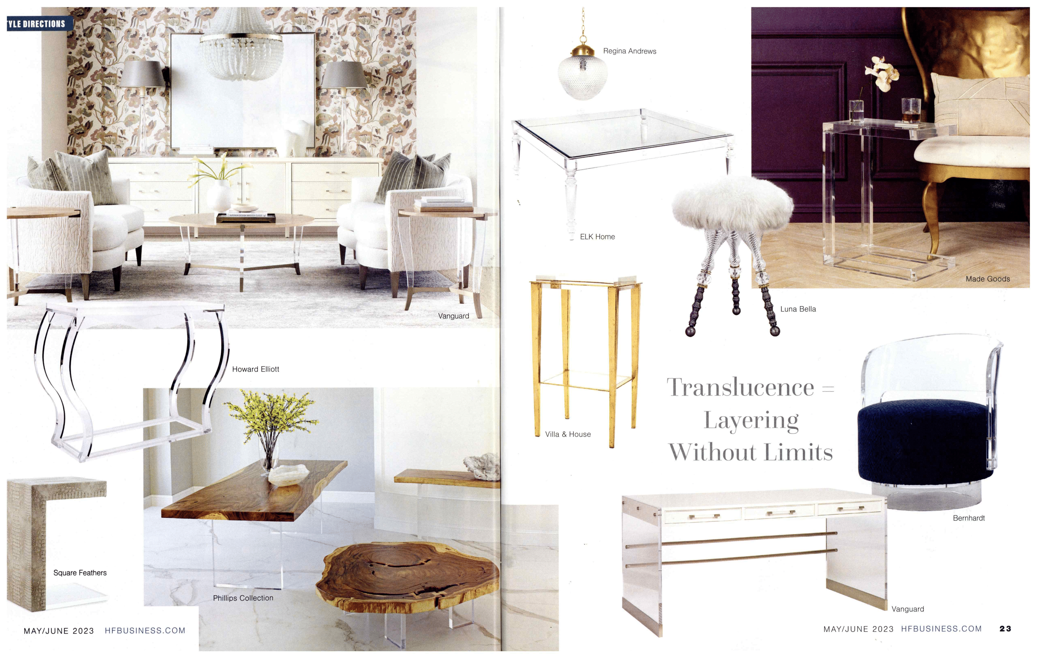 Bernhardt Interior's Rayleigh Canopy Bed and Angelina Swivel Chair were featured in Home Furnishings Business - May/Jun 2023 issue.