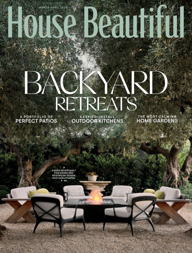 Bernhardt Exteriors Carmel Outdoor Counter Stool featured in House Beautiful March/April 2023 issue.