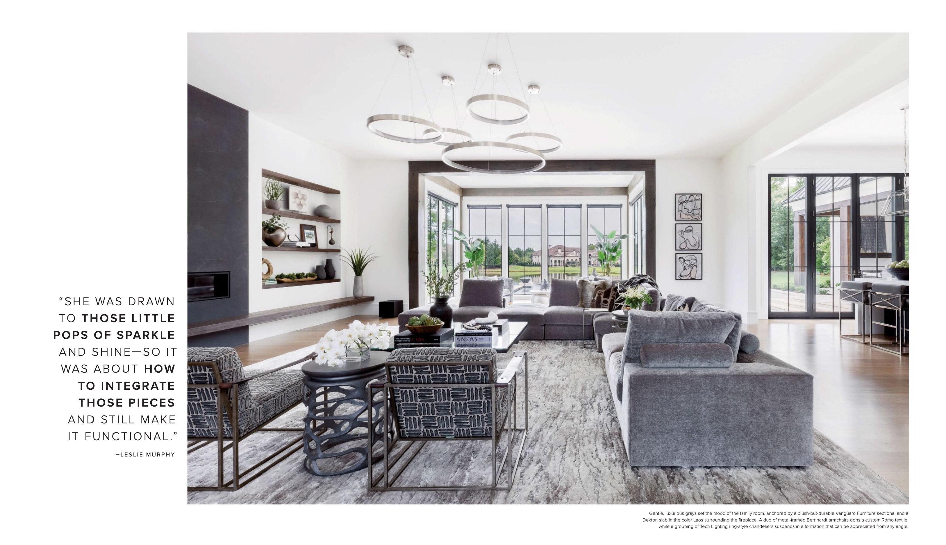 Bernhardt's Dekker Fabric Chair, Atticus Fabric Side Chair, Rayleigh Fabric Canopy Bed King featured in Luxe Interiors + Design Southeast May and June 2021.