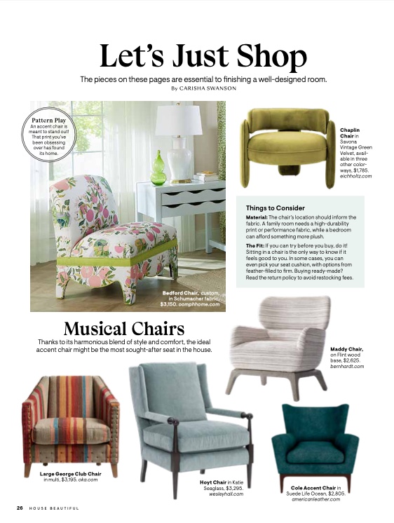 Bernhardt Living Maddy Chair featured in House Beautiful's Fall 2023 shopping issue.