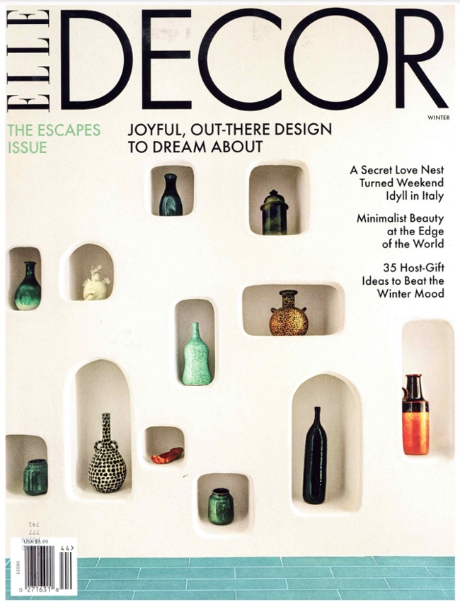 Bernhardt Interior's Odette Fabric Panel Bed featured in Elle Décor Winter 2023-2024 issue.