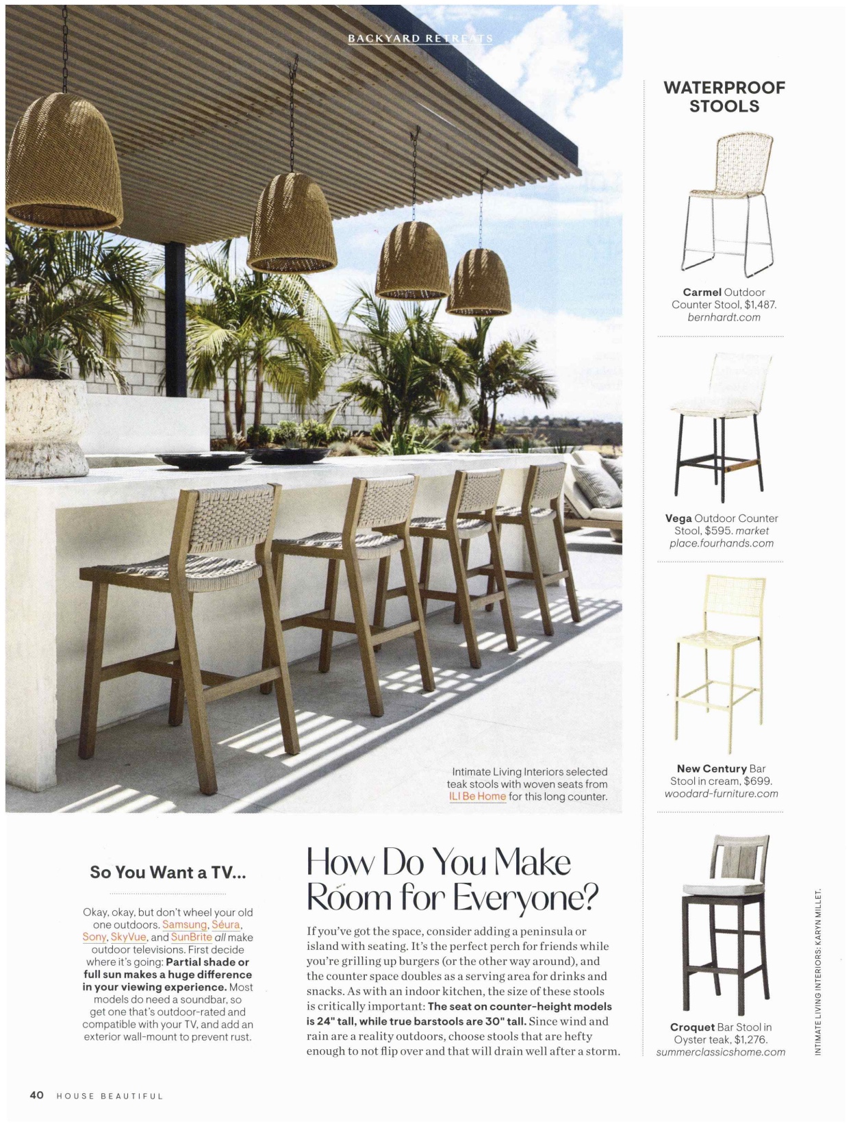 Bernhardt Exteriors Carmel Outdoor Counter Stool featured in House Beautiful March/April 2023 issue.