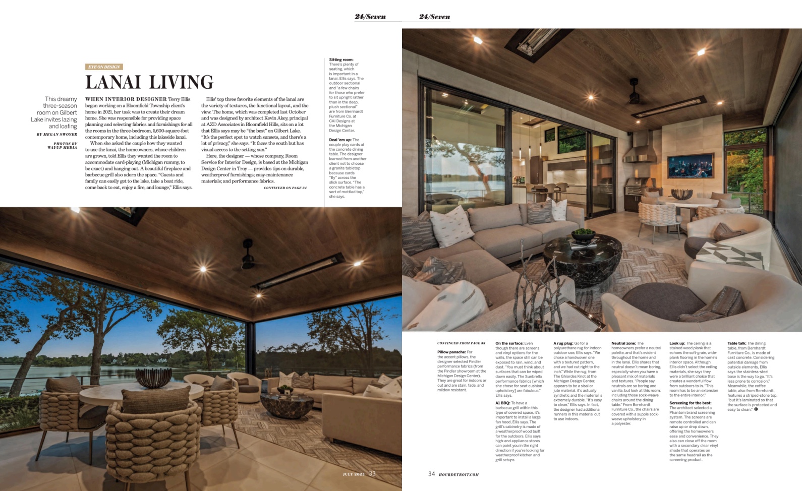 Bernhardt's Tambora Cocktail Table, Santa Cruz Arm Chair, Avanni Sectional, and Aventura Outdoor Swivel Chairs featured in Hour Detroit Magazine July 2023 issue.