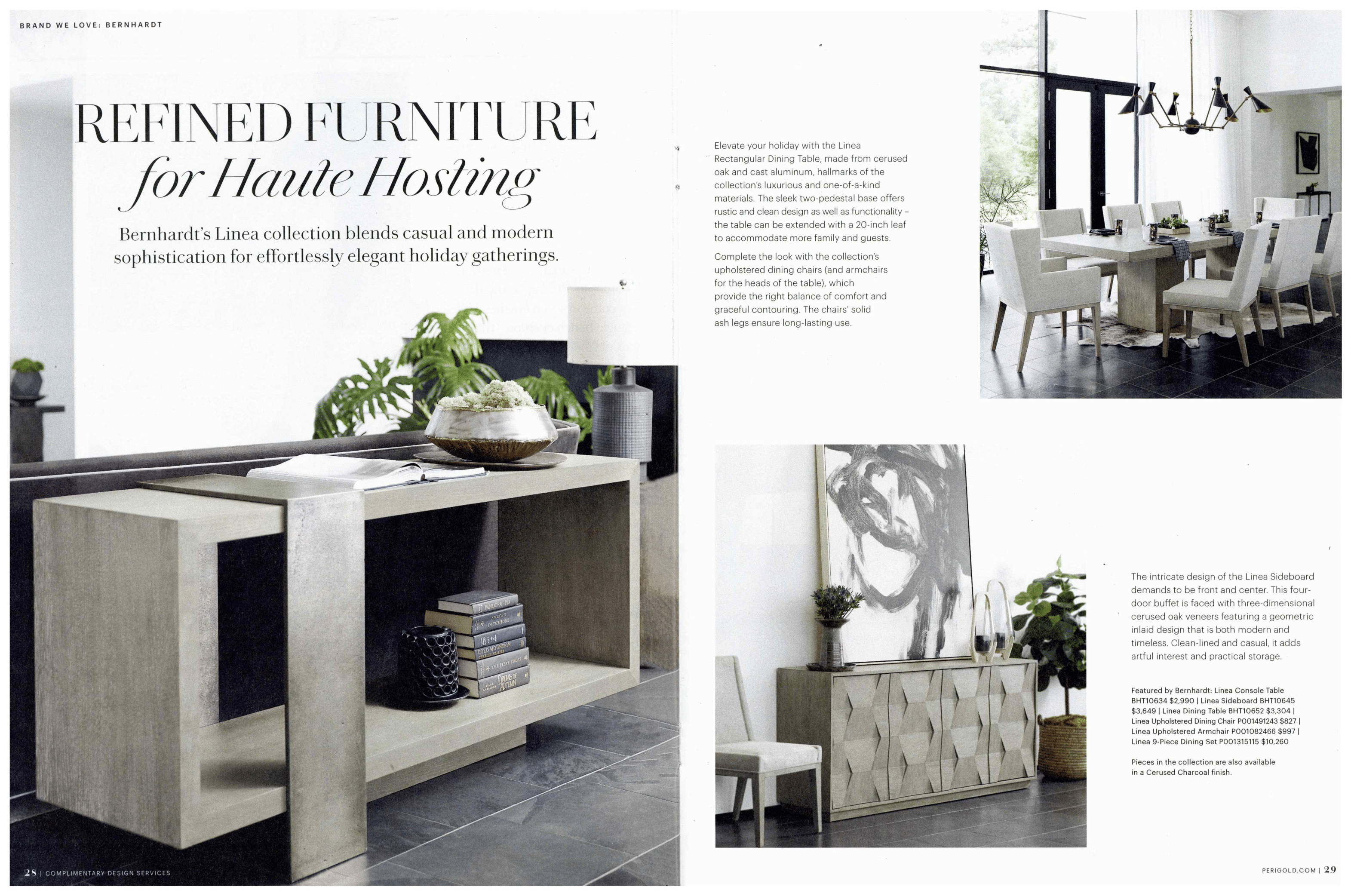 Bernhardt Interior's Linea Collections were featured in Perigold Catalog's – Holiday Issue 2023.