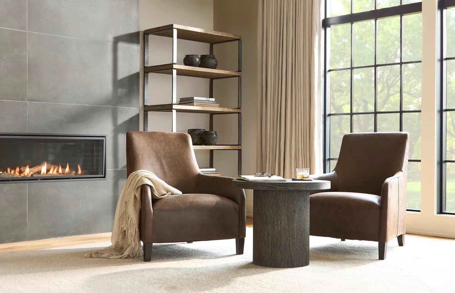 Naomi Leather Chair, Tribeca Etagere, and Tribeca Side Table