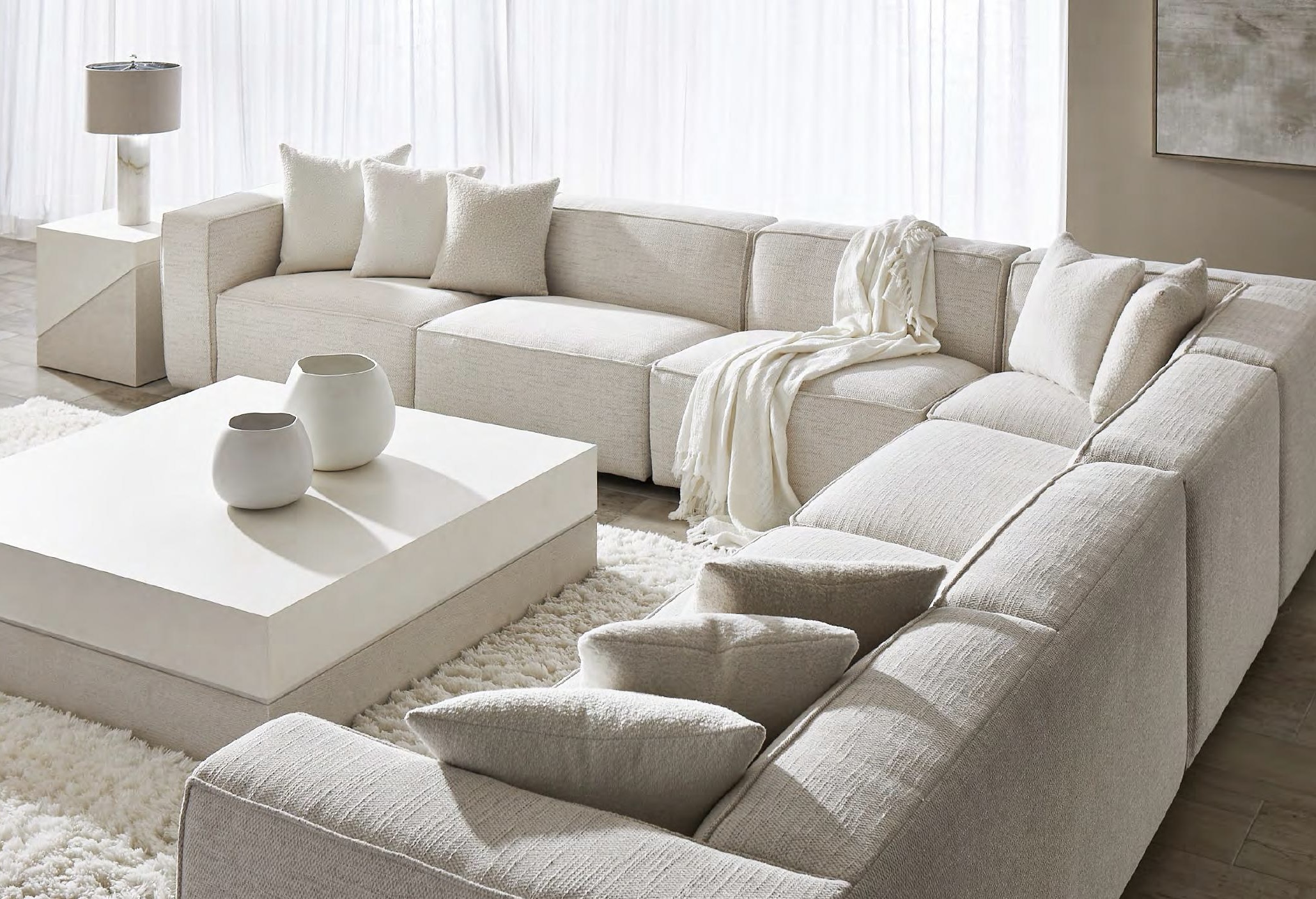 Bernhardt Plush Bliss Sectional: Armless Chairs P7430A (2), Corner Chair P7432A, RA Loveseat P7441A and LA Loveseat P7442A.<br/>                                            Bernhardt Ellison Cocktail Table 553011 and Side Table 553124.