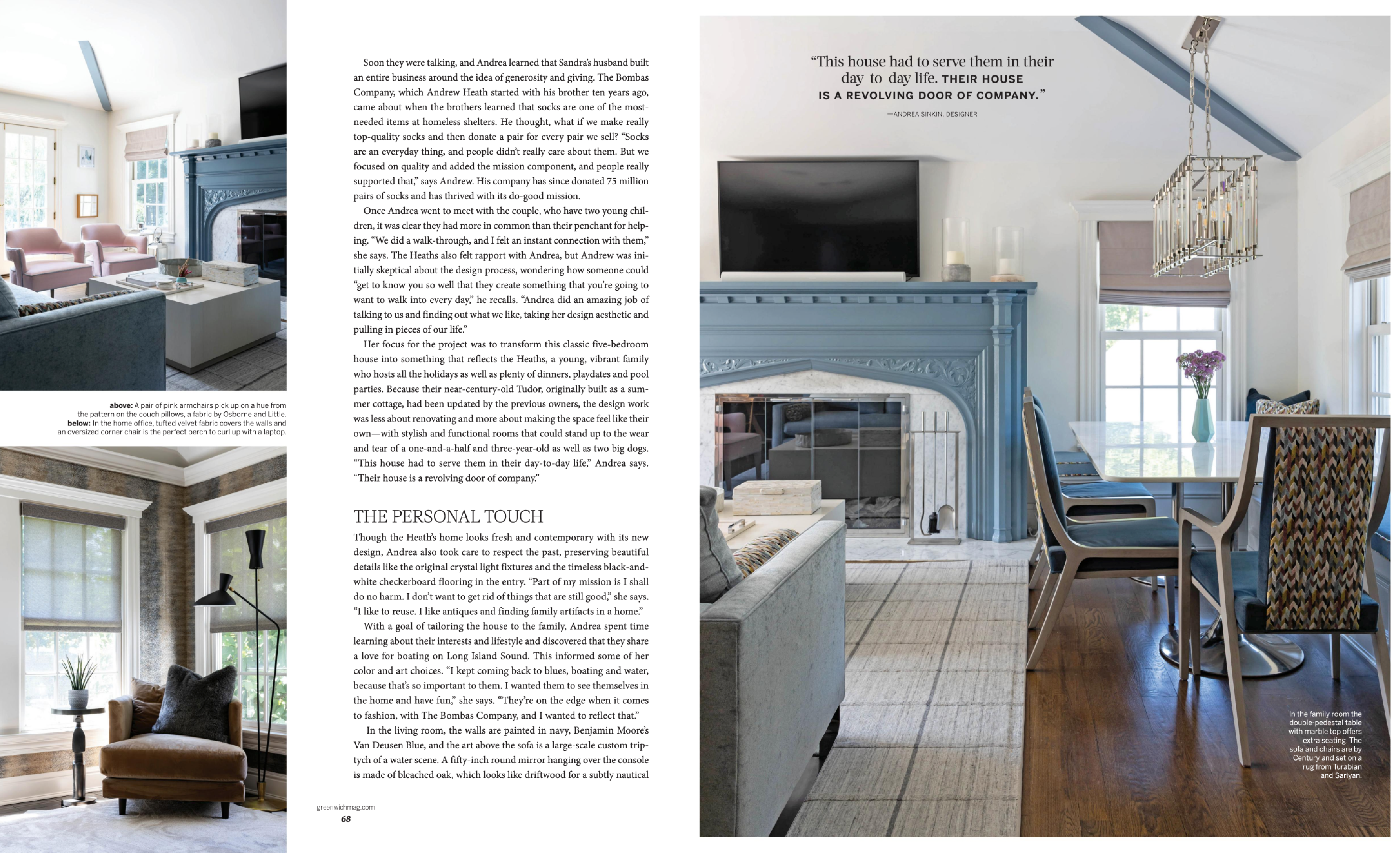 Bernhardt Interior's Axiom Cocktail Table and Vevo Accent Table featured in Greenwich June 2023 issue.