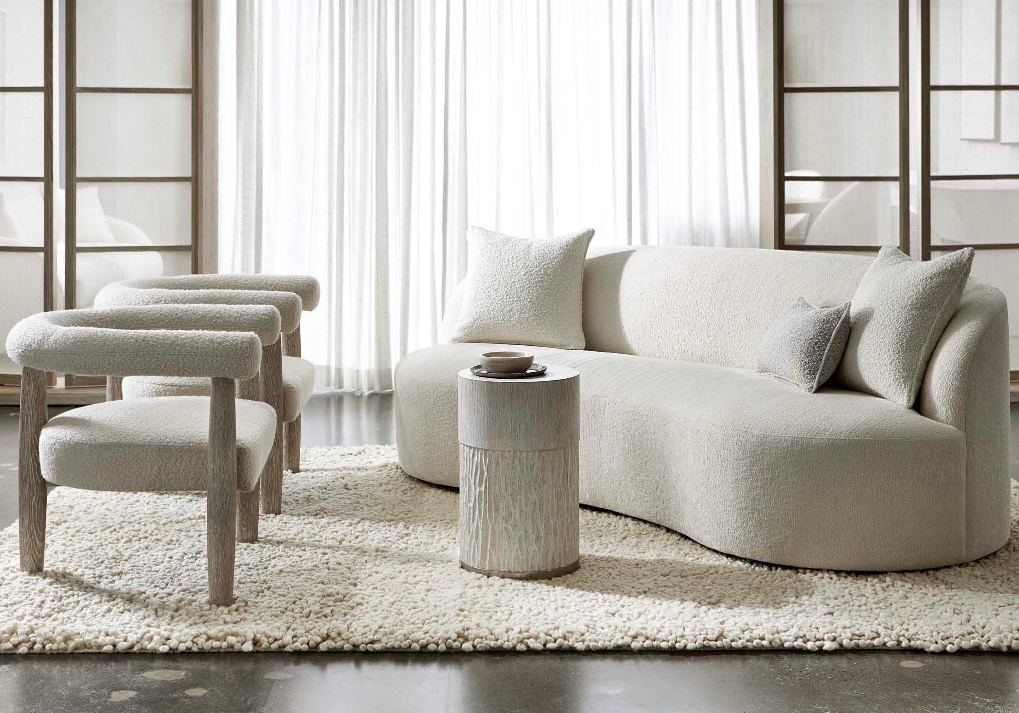 Bernhardt Plush Elle Sofa P1567Y, Bernhardt Petra Chairs B2504 and Solaria Accent Table 310123.